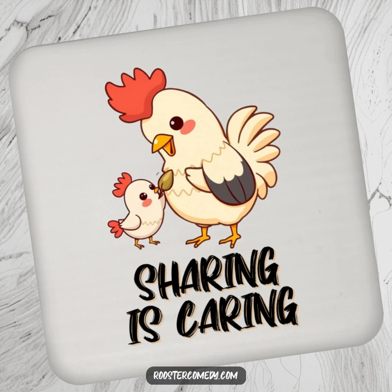 Funny Kawaii Rooster Drink Coaster: A cute rooster sharing a seed, protecting surfaces with charm.