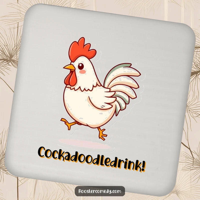 Funny Kawaii Rooster Drink Coaster: A cute rooster doing a little hop, protecting your furniture with charm. A delightful funny gift.