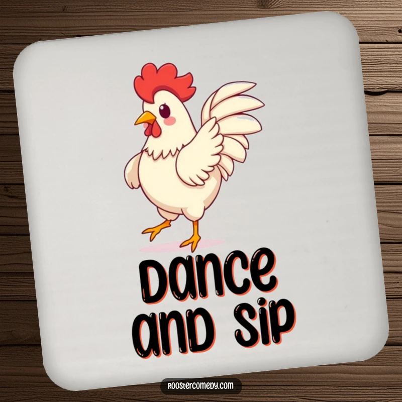 Funny Kawaii Rooster Drink Coaster: A cute rooster dancing with wings flapping, protecting your table. A delightful funny gift.