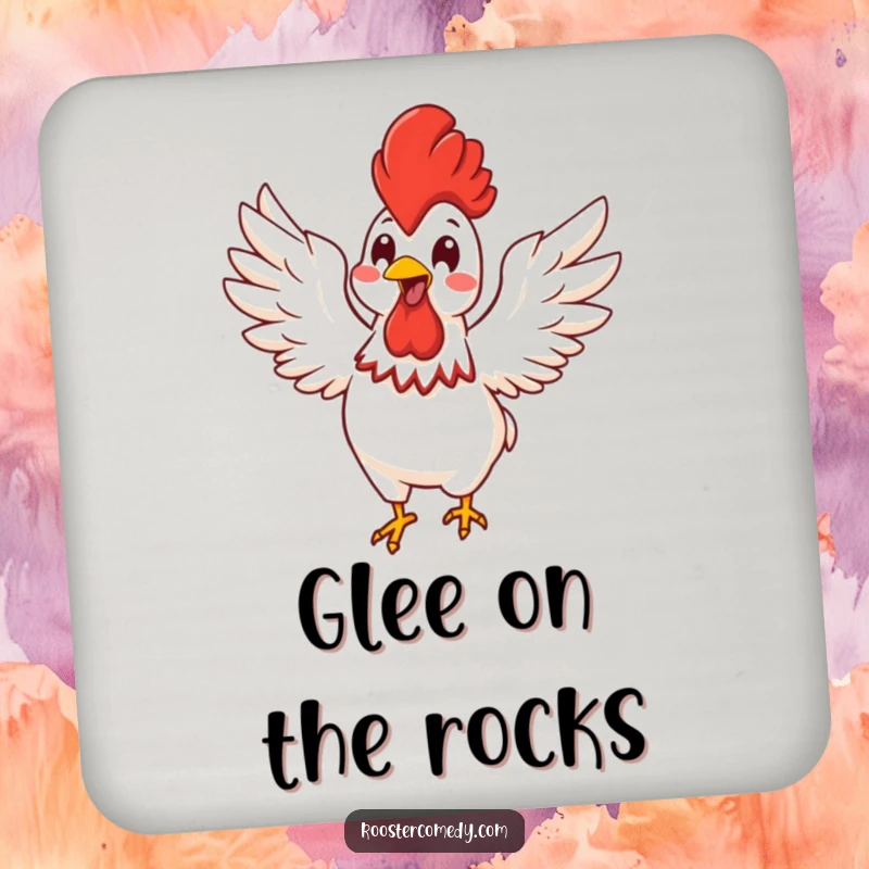 Funny Kawaii rooster flapping its wings with glee, featured on a protective drink coaster.