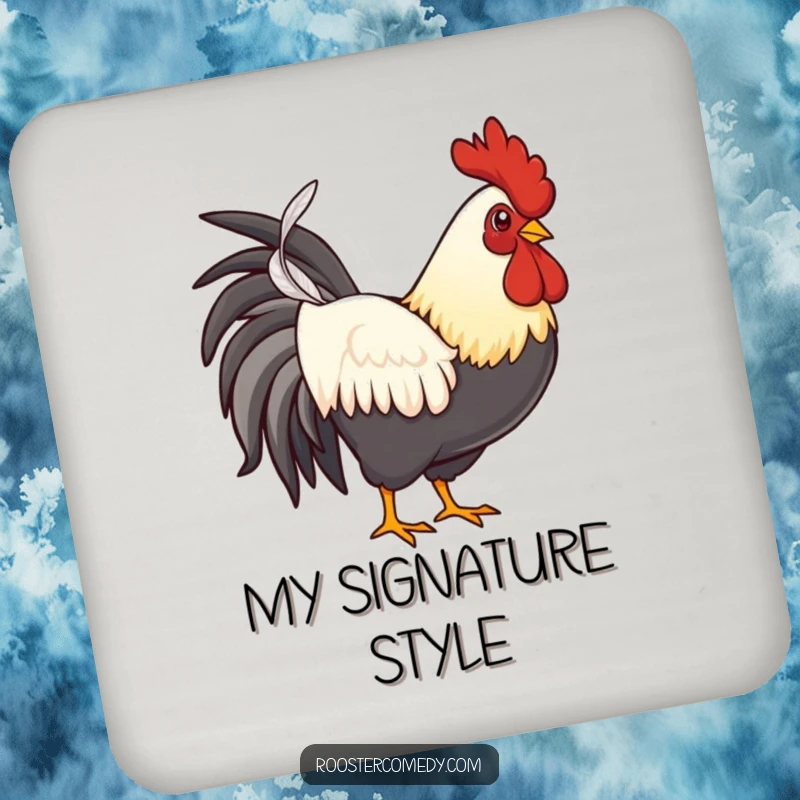 Funny proud rooster drink coaster, featuring a rooster confidently holding a feather, protecting surfaces with charm.