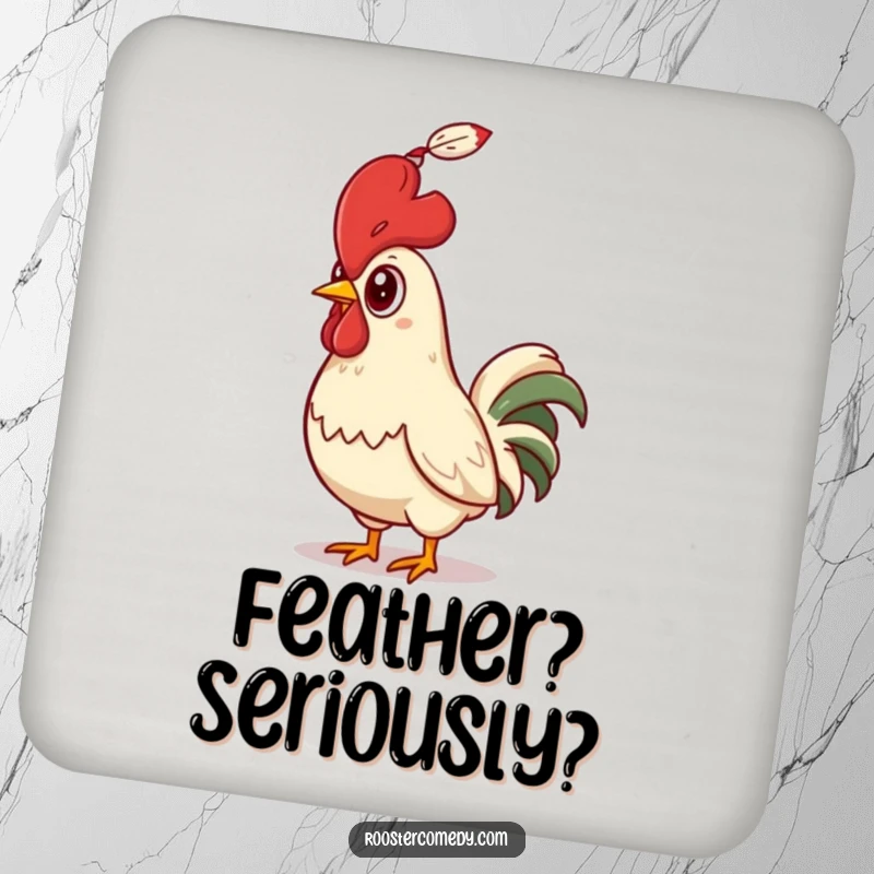 Funny Rooster Coaster, illustrating a bird's comical surprise at a falling feather, a humorous drink accessory.
