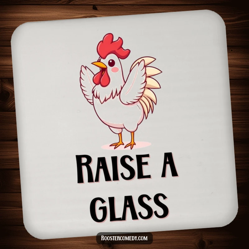 Funny Rooster coaster featuring an excited bird flapping its wings, adding energetic vibes and surface protection with humor.