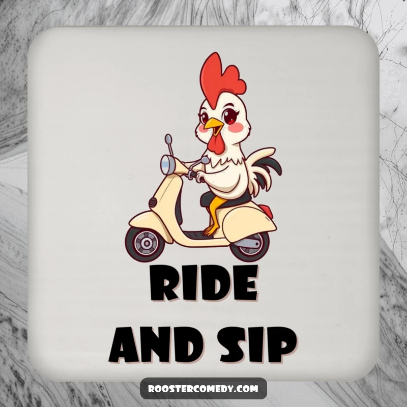 Funny drink coaster depicting a rooster humorously riding a scooter, perfect for adding fun to tabletops.