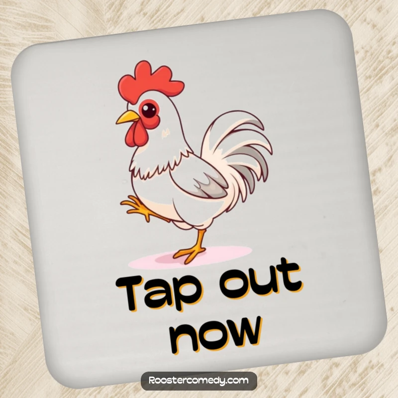 Funny rooster drink coaster, a small accent featuring a bird tapping its foot, poised to sprint, adding humor to any surface.