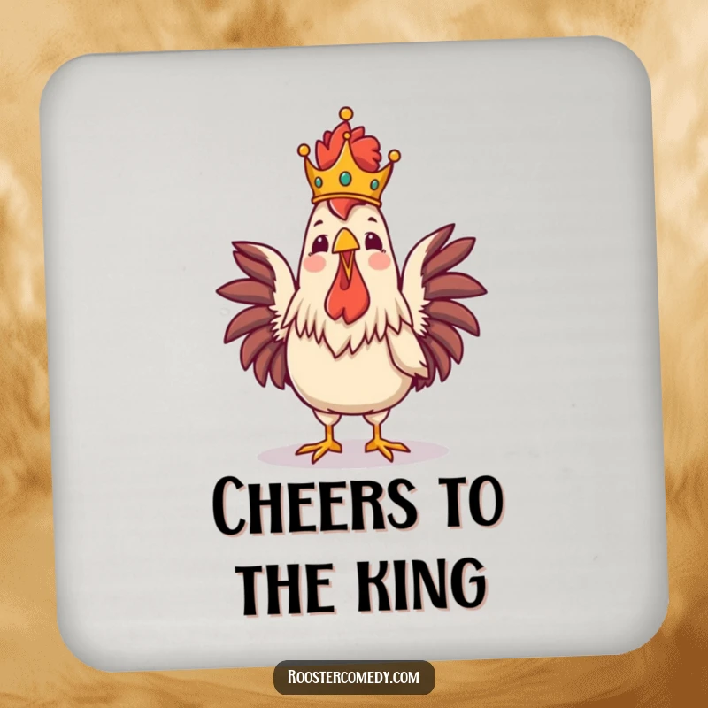 Funny Royal Rooster Crowing Coaster, drink coaster with a proud crowned rooster, majestic and funny home accessory, protects furniture.