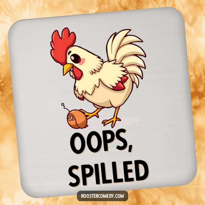 Funny drink coaster with a rooster comically tripping while trying to catch a worm, protecting surfaces with humorous farmyard charm.