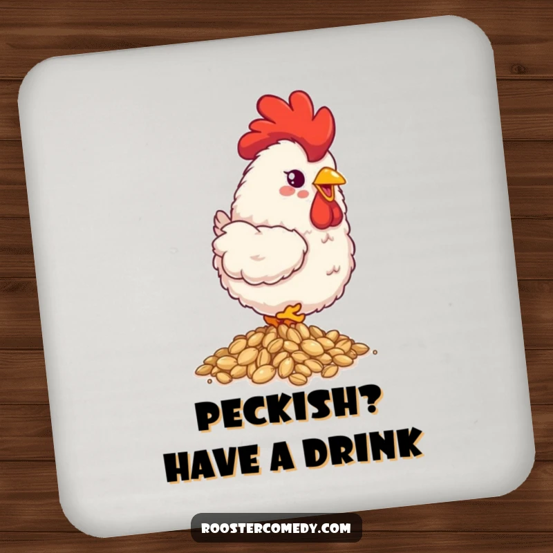 Funny fluffy rooster coaster, protects surfaces, happily pecking seeds, cute farm decor, perfect funny gift.