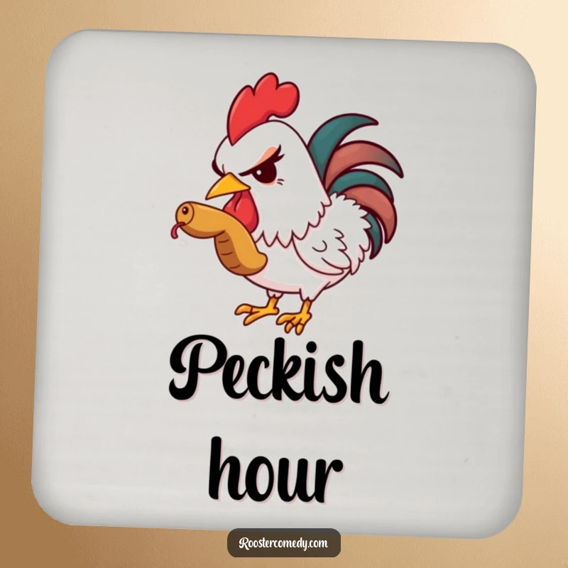 Funny drink coaster depicting a rooster slyly winking while eating a worm, perfect for adding humor.