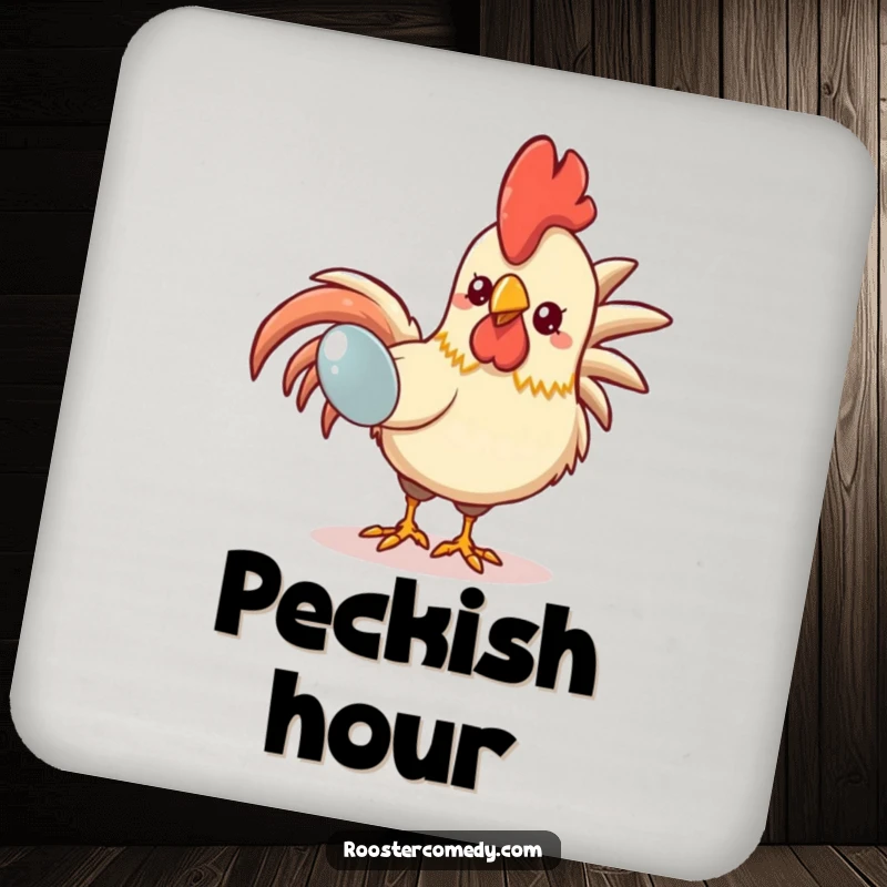 Funny Kawaii Rooster Coasters: A set of coasters featuring a cute rooster pecking at a shiny object, adding funny, artistic flair to tables.