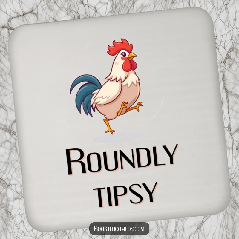 Funny rooster drink coaster with a dizzy bird playfully chasing its tail. Protects surfaces with humorous charm.
