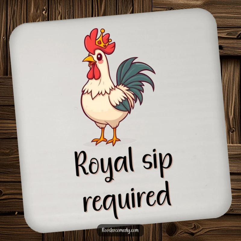 Funny rooster coasters, a rooster with a tiny crown strutting proudly, adding regal humor to drink protection.