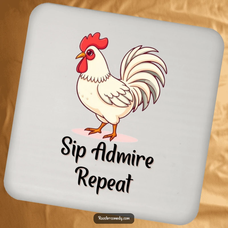 Funny Kawaii rooster drink coasters showing a cute rooster strutting proudly with its tail feathers fanned, adding a touch of whimsical swagger.