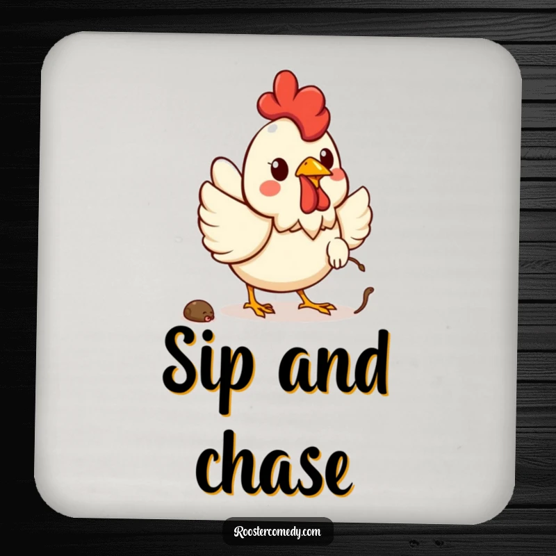 Funny Kawaii rooster drink coaster featuring a cheerful rooster chasing a worm, protecting surfaces.