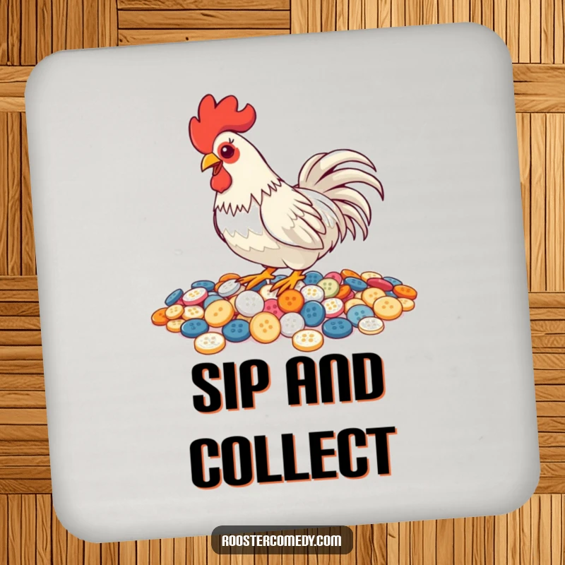 Funny Pecking Rooster Coaster, drink coaster with a rooster pecking buttons, shiny and humorous home accessory, protects furniture.