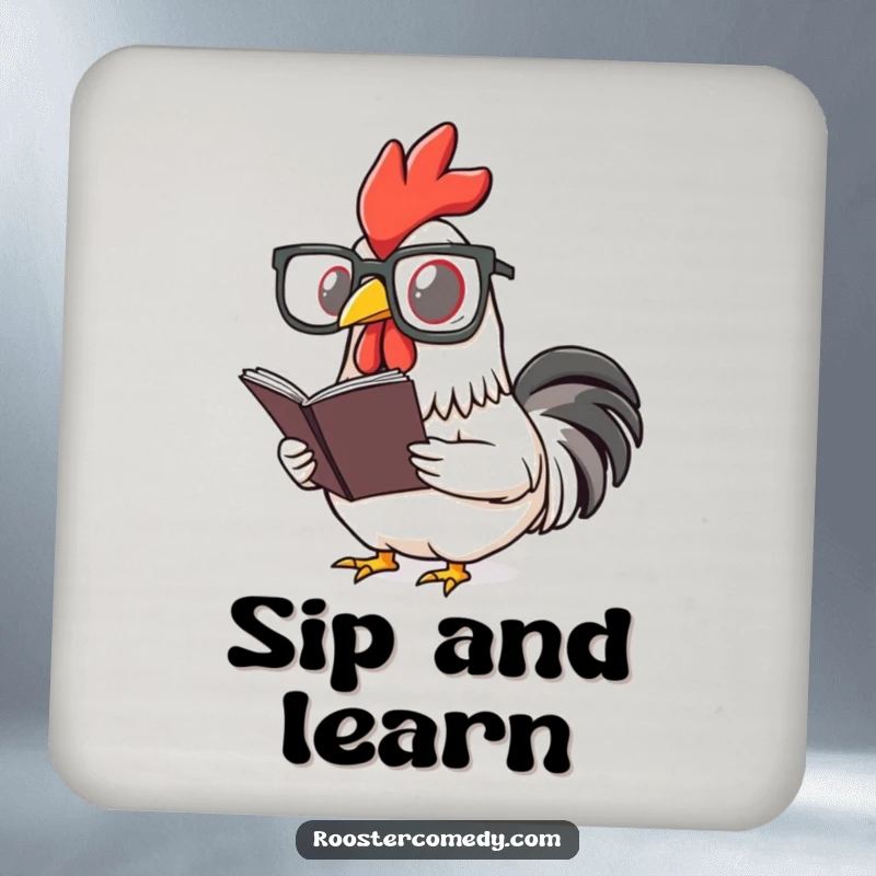 Funny rooster drink coaster with a bird wearing reading glasses and a book. Protects surfaces with literary humor.