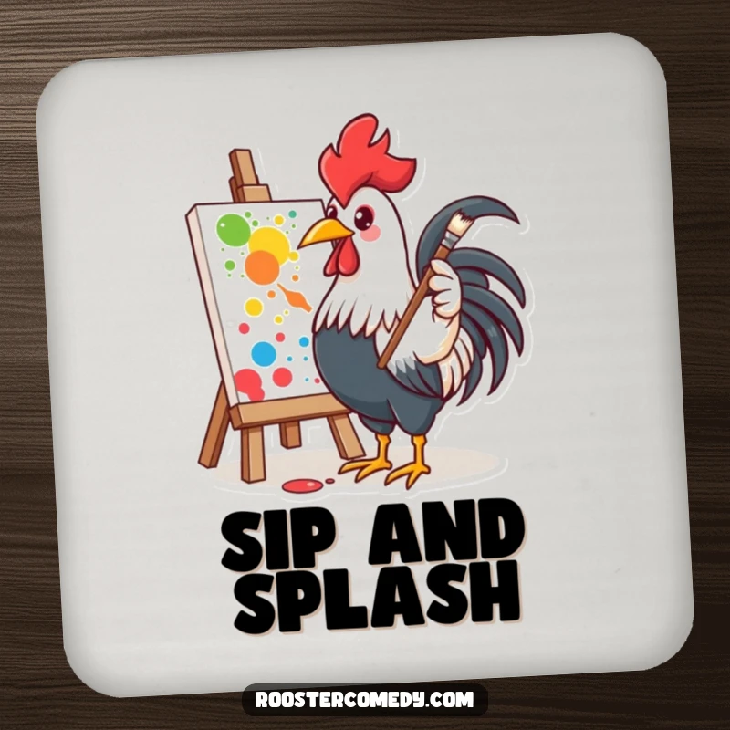 Funny drink coaster depicting an enthusiastic rooster painting, perfect for adding artistic humor.