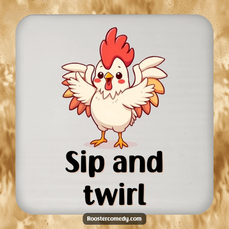 Funny Drink Coaster featuring a cute Kawaii rooster with wings spread, performing a flamboyant dance, adding playful protection.