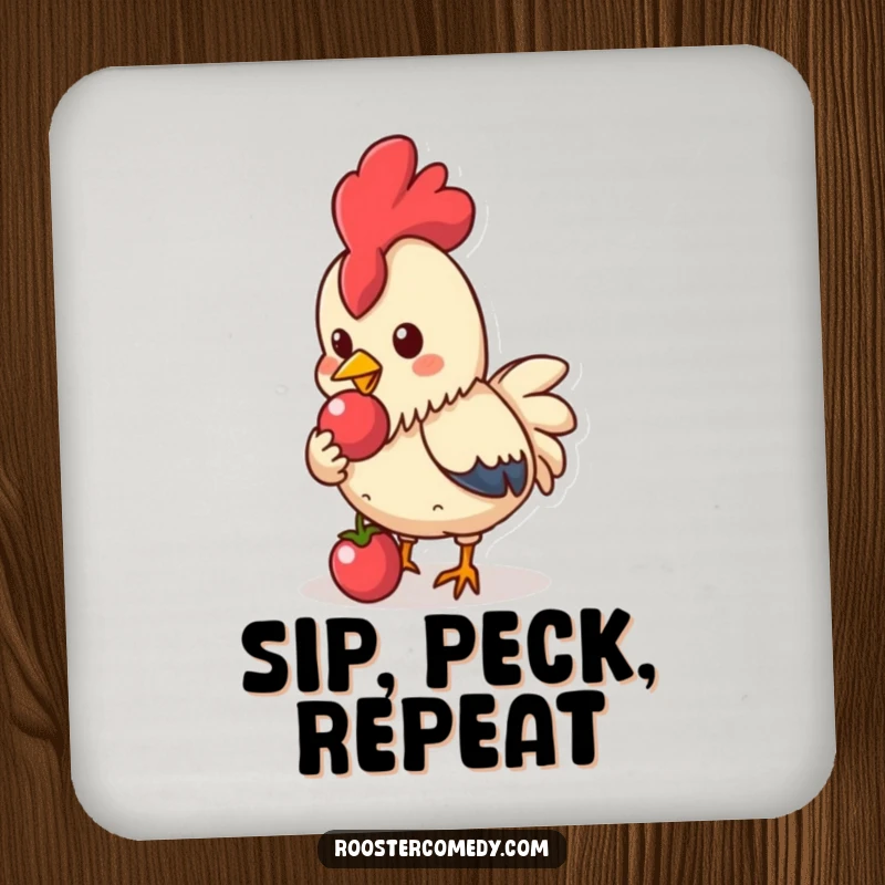 Funny Kawaii Rooster Coaster: Cute rooster pecking a shiny berry, protective funny gift.