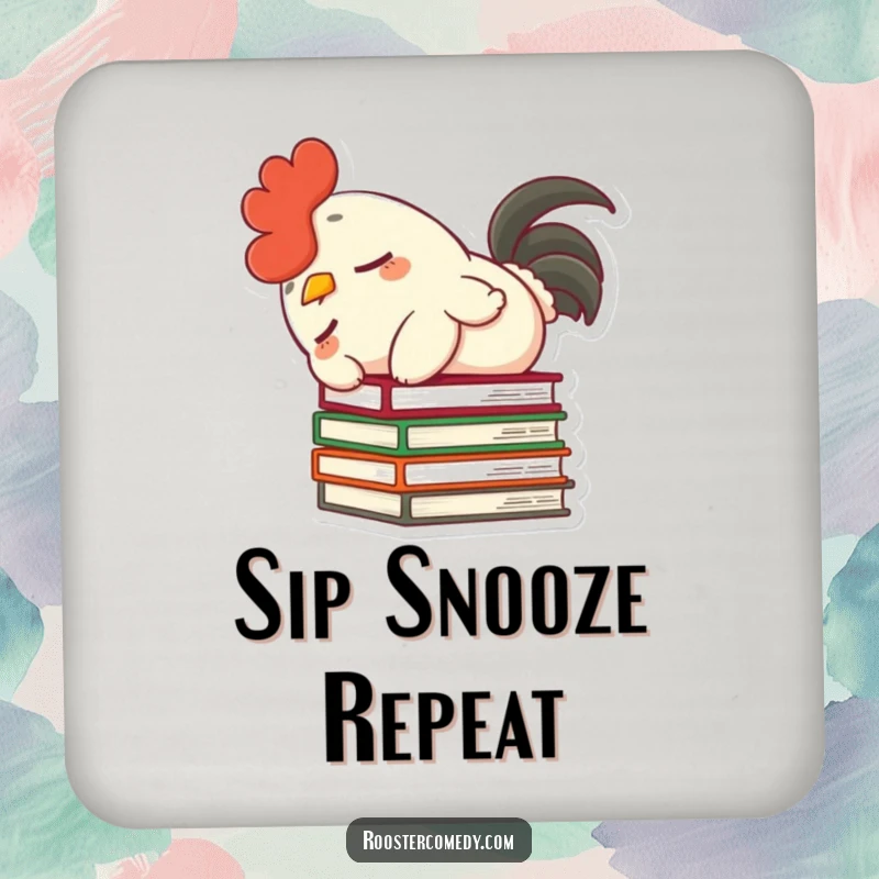 Funny drink coasters featuring a dozing rooster character, fluffy tail, accidentally toppling books, protecting surfaces with humor.