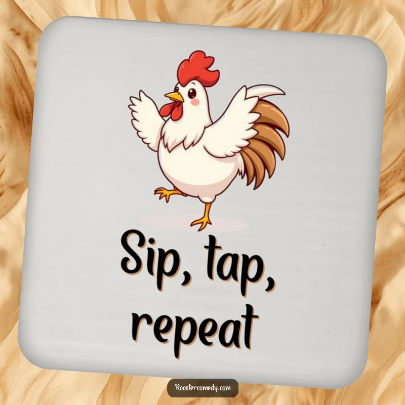 Funny cute rooster coaster, dancing with wings spread, energetic decor, perfect funny gift.