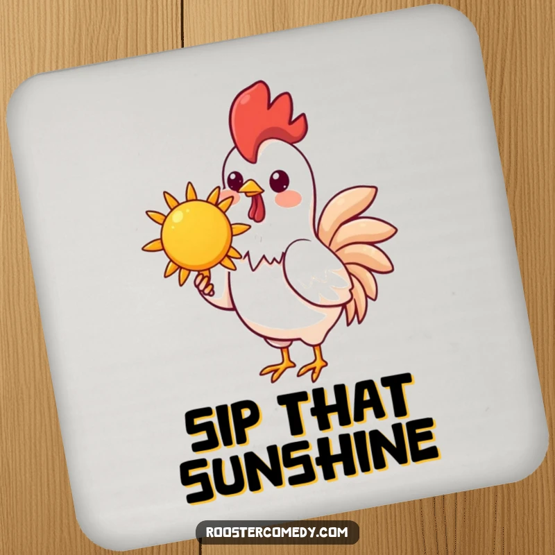 Funny Kawaii Rooster Coasters: A kawaii rooster holds a cheerful sun, providing funny, sunny protection for your tables.