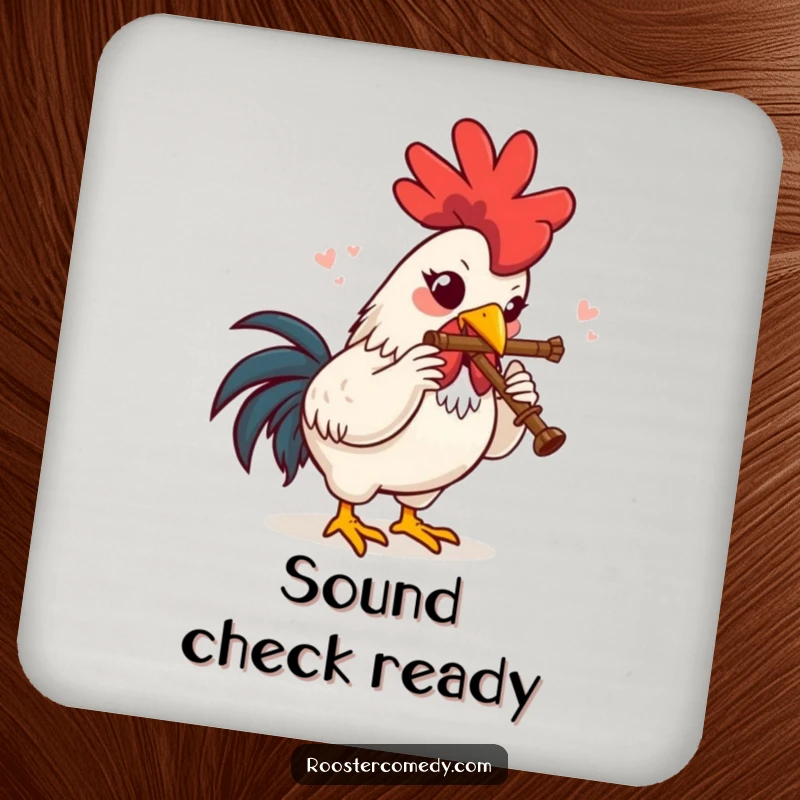 Funny Drink Coaster with a rooster playing a miniature flute, spreading musical joy and protecting surfaces.