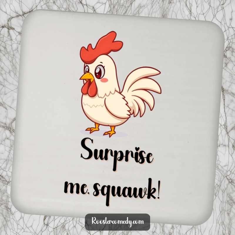 Funny surprised rooster drink coaster, featuring a startled chicken mid-squawk, protecting tables with humor.
