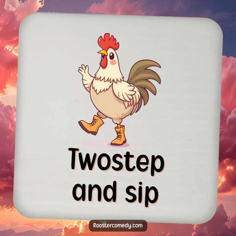 Funny drink coaster with a rooster wearing tiny boots and doing a silly jig, adding a rhythmic touch.