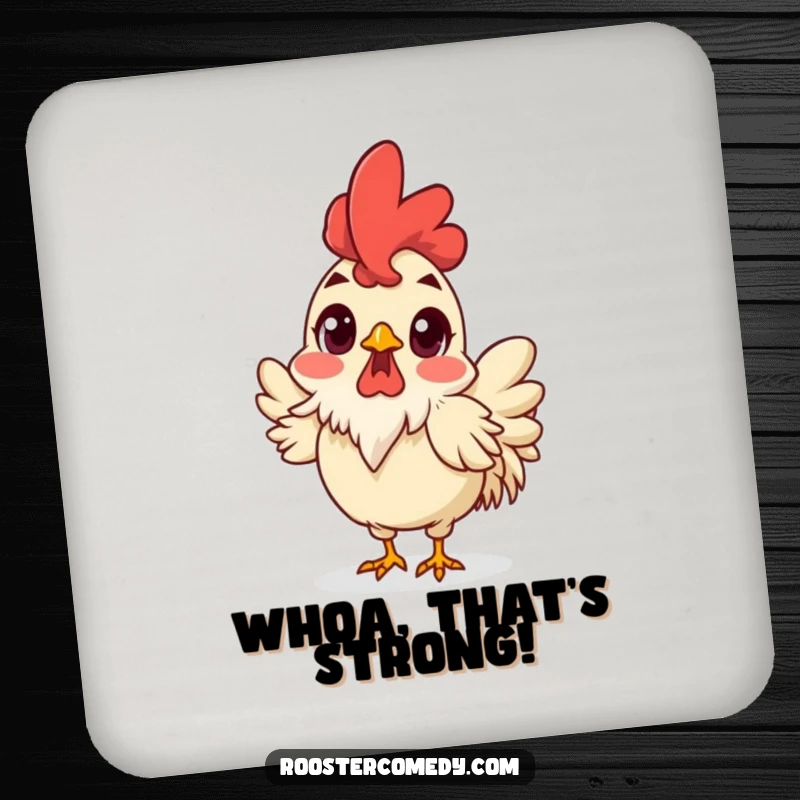 Funny Surprised Rooster Coaster, drink coaster with a shocked rooster, wide eyes and ruffled feathers, humorous and funny home accessory.