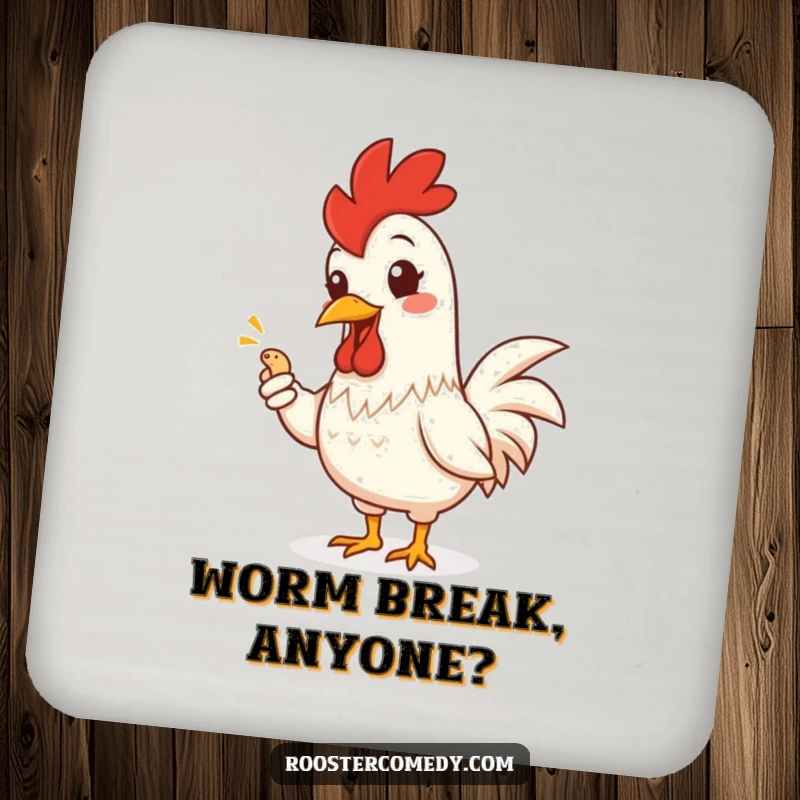 Funny Rooster Coaster: Protective coaster with a grinning rooster offering a worm, a humorous and functional accessory.