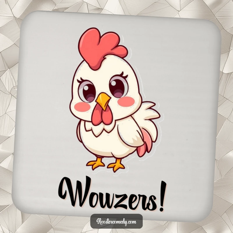 Funny Kawaii rooster with wide, surprised eyes, on a protective drink coaster.