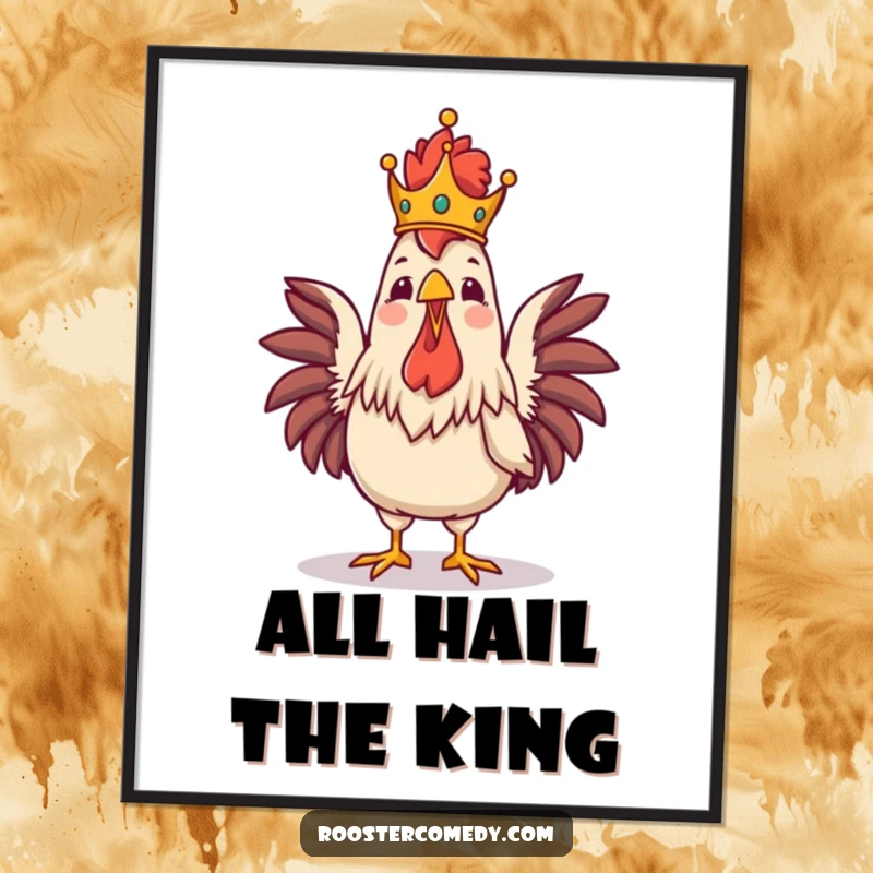 Funny Royal Rooster Crowing Poster, wall art of a proud crowned rooster singing, majestic and funny bird art, great for home.