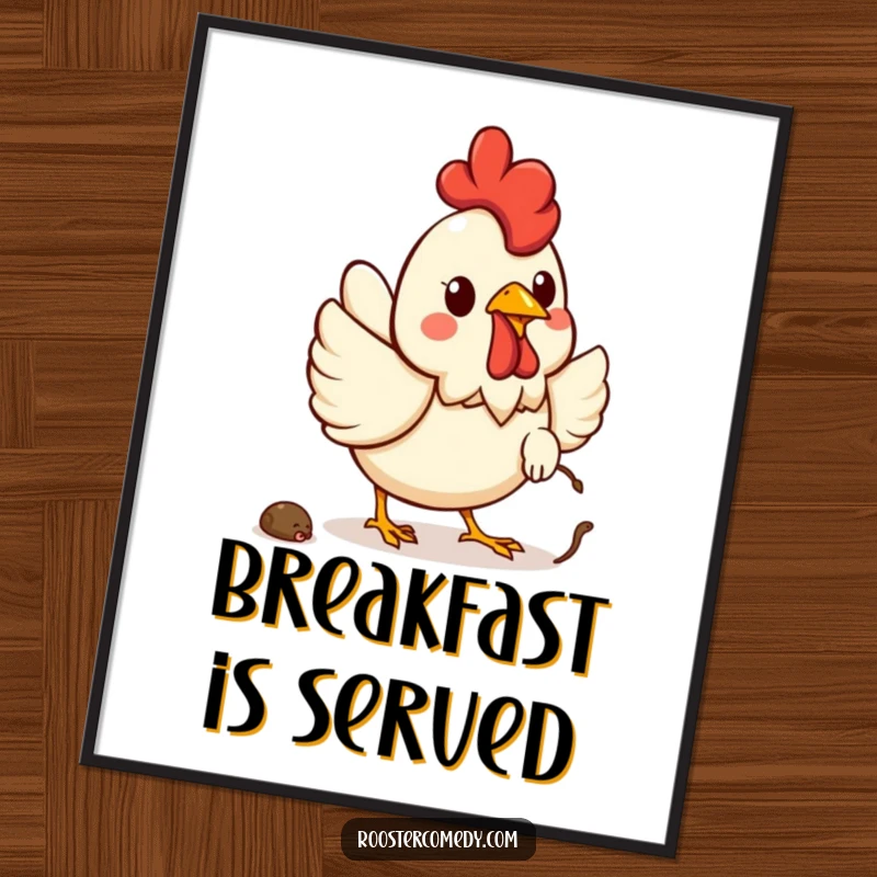 Funny Kawaii rooster poster illustrating a cheerful rooster with wide eyes chasing a worm.