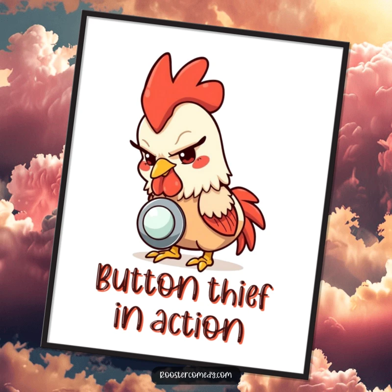 Funny rooster poster, a rooster with a mischievous glint pecking a shiny button, bringing quirky humor to walls.