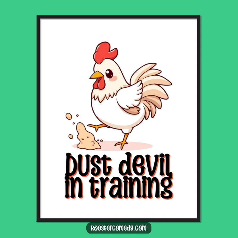 Funny Kawaii Rooster Dust Art Print - Playful Kicking Decor, Whimsical Gift