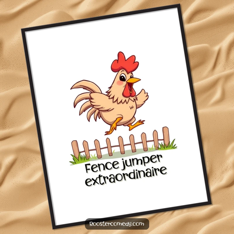 Funny Poster of a rooster with a wide, energetic grin, captured mid-jump over a low fence, bringing dynamism and humor.