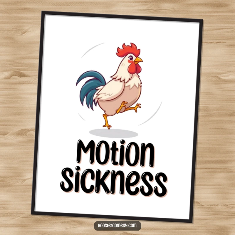 Funny rooster poster depicting a bird playfully chasing its tail in a dizzy circle. Whimsical and humorous wall decor.