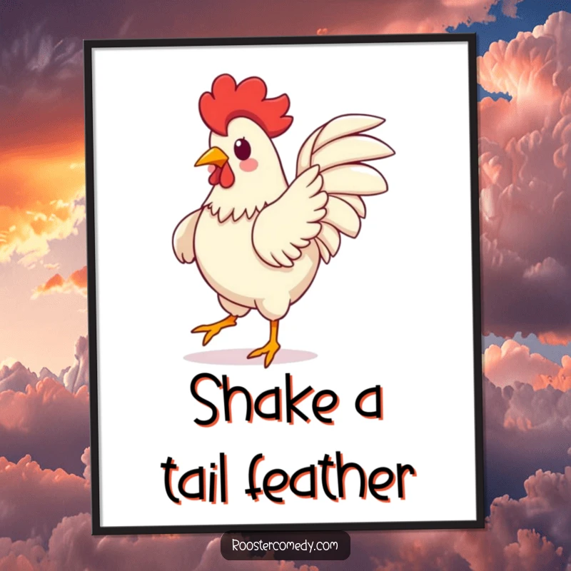 Funny Kawaii Rooster Poster: An illustration of a cute rooster dancing wildly, wings spread in a silly, happy move. A great funny gift.
