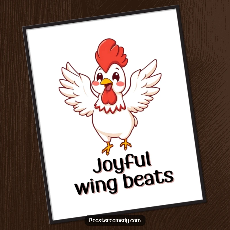 Funny Kawaii rooster energetically flapping its wings with glee, featured as charming wall art.