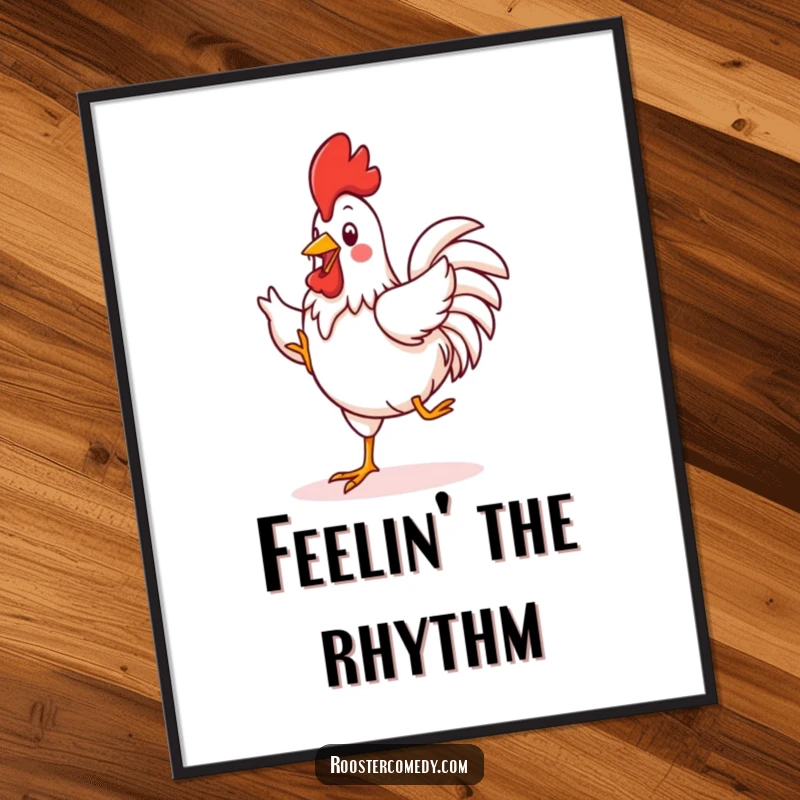 Funny Kawaii Rooster Poster: A vibrant illustration of a kawaii rooster performing a silly, energetic jig, capturing its funny, joyful spirit.