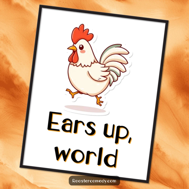 Funny Kawaii Rooster Poster: Depicts a cute, animated rooster performing a playful hop, bringing energy to any room. A perfect funny gift.