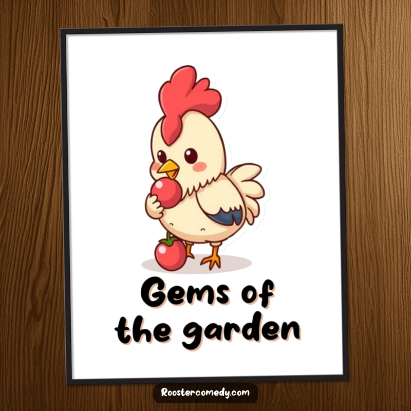 Funny Kawaii Rooster Poster: Cute rooster pecking a shiny berry, charming wall art funny gift.
