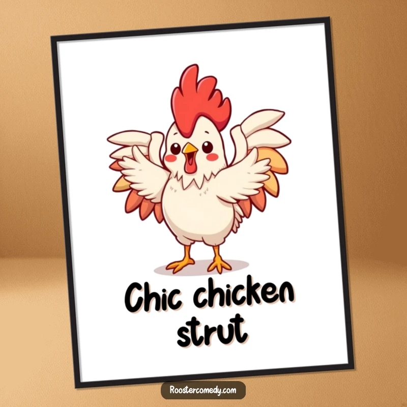 Funny Poster of a cute Kawaii rooster with wings outstretched, performing a lively, flamboyant dance, adding cheerful energy to decor.