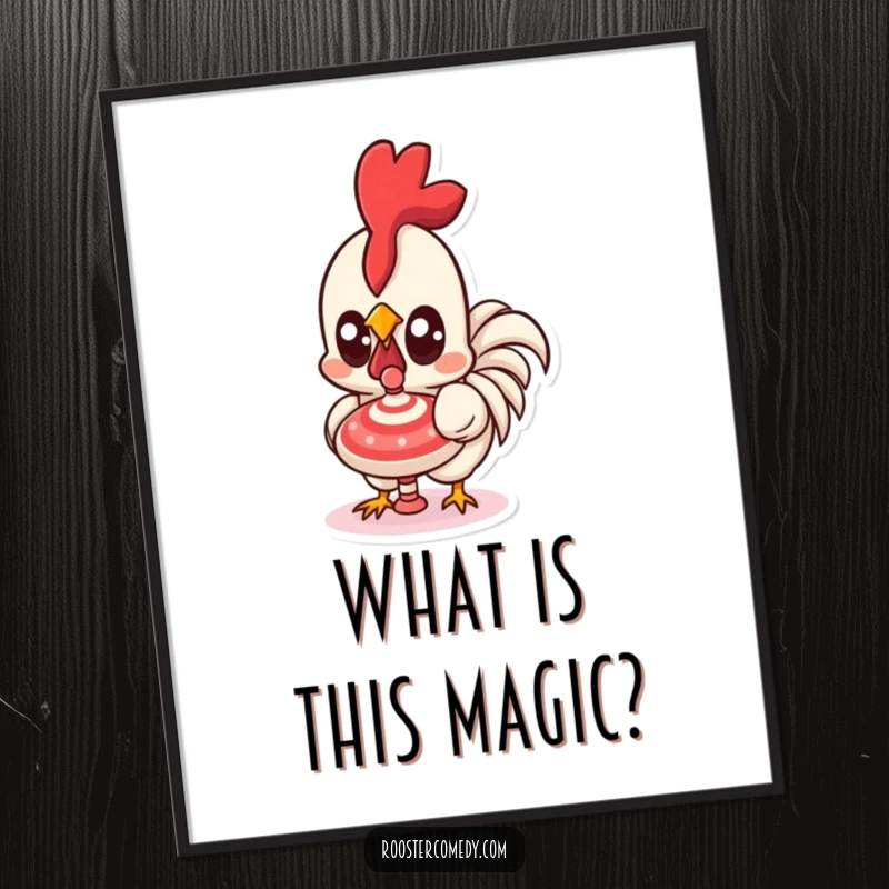 Funny Kawaii Rooster Poster: An illustration of a cute rooster with large, fixated eyes watching a spinning top spin. A great funny gift.