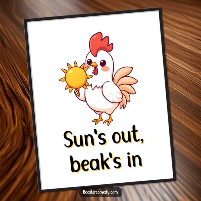 Funny Kawaii Rooster Sun Poster: A cute kawaii rooster holds a cheerful sun, bringing funny, optimistic energy to your wall decor.