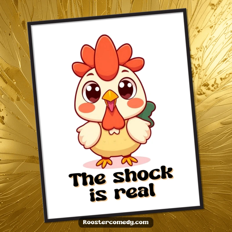 Funny Kawaii rooster poster illustrating a surprised rooster with large, round eyes, conveying shock.