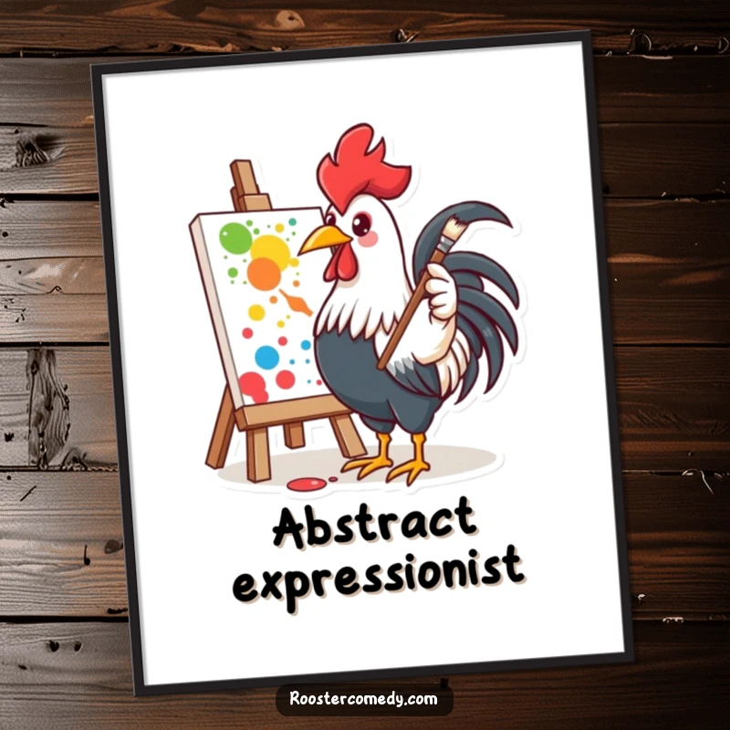 Funny poster art of a rooster enthusiastically splattering paint, symbolizing creative expression and artistry.