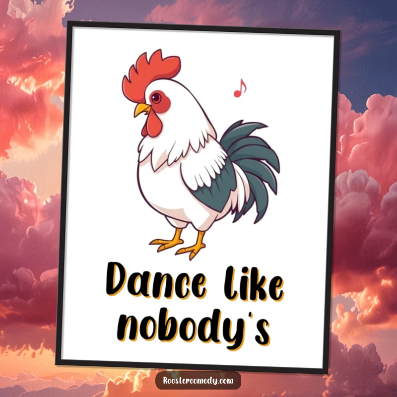 Funny Rooster Dancing Poster: Art print of a rooster rhythmically bobbing its head, creating a dynamic and musical wall display.