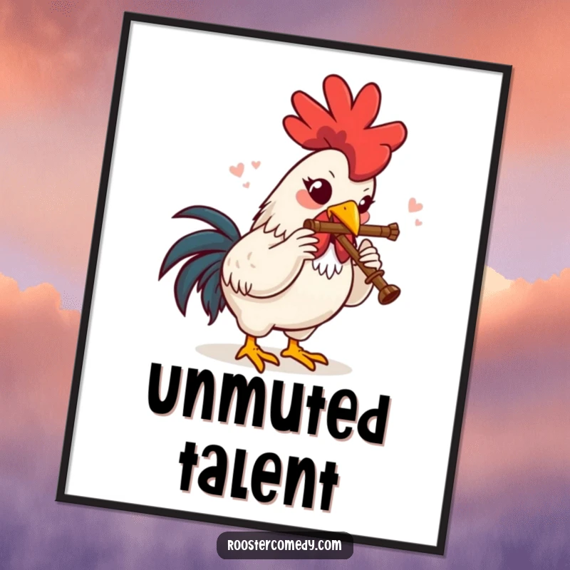 Funny Poster of a rooster joyfully playing a miniature flute, its expression filled with pure, musical delight.